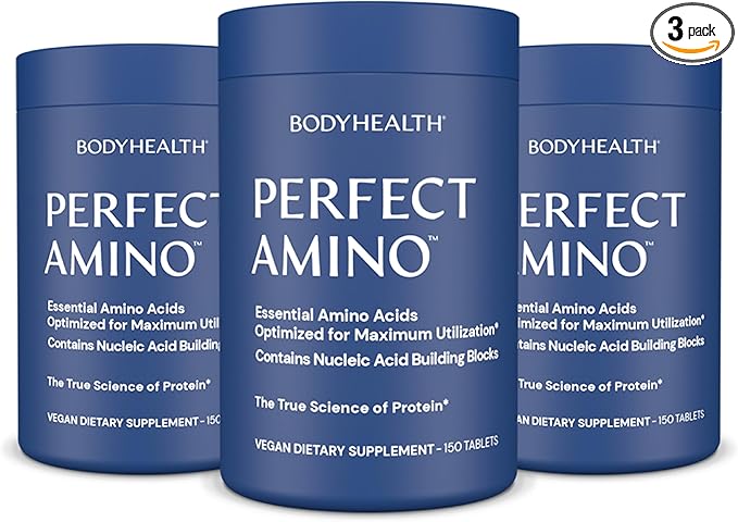 BodyHealth PerfectAmino Tablets, (3-Pack) Essential Amino Acid with BCAAs + Lysine, Phenylalanine, Threonine, Methionine, Tryptophan, Supplement for Muscle Mass Production, Recovery & Strength
