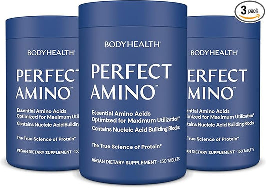 BodyHealth PerfectAmino Tablets, (3-Pack) Essential Amino Acid with BCAAs + Lysine, Phenylalanine, Threonine, Methionine, Tryptophan, Supplement for Muscle Mass Production, Recovery & Strength