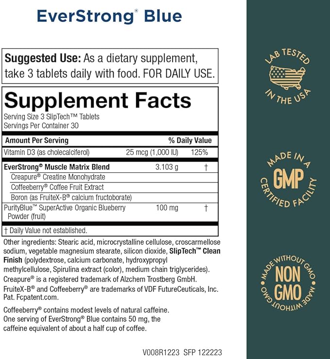 Purity Products EverStrong Blue Strength Building + Brain Boosting w/Muscle Matrix Blend ft. Creatine Monohydrate + More, PurityBlue Organic Blueberry Complex, 1000 IU Vitamin D3-90 Tablets
