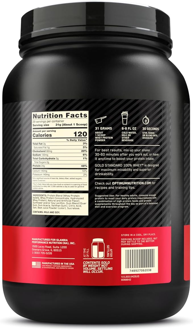 Optimum Nutrition Gold Standard 100% Whey Protein Powder, Strawberries & Cream, 2 Pound(Packaging May Vary)
