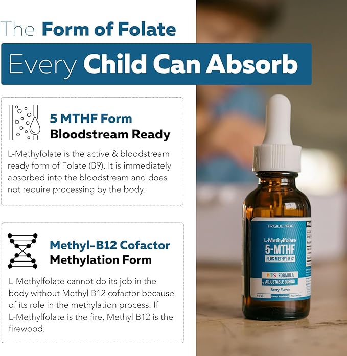 Organic Kids Methylfolate + Methyl B12 Cofactor - Organic Berry Flavor, Sublingual Form - 5-MTHF Form, Superior Form of Folate - Adjustable Dosing for All Ages - Mood, Behavior, Cognition - 1 oz.