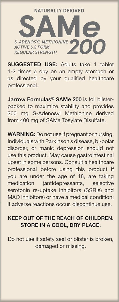 Jarrow Formulas® SAMe 200 mg, Supports Joint Health, Liver Function, Brain Metabolism, 60 Tablets, Up To A 60 Day Supply
