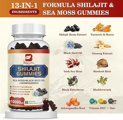 Shilajit Resin Gummies, Shilajit Irish Sea Moss Supplement with Black Seed Oil, Ashwagandha Ginger, Panax Ginseng, Shilajit Gummies with 85+ Trace Minerals & Fulvic Acid for Energy, Immune Support