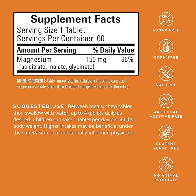Dr Amen BrainMD Magnesium Chewables, Citrus - 60 Chewable Tablets, Pack of 2 - Essential Mineral for Optimal Cell Function - Gluten Free - 120 Total Servings