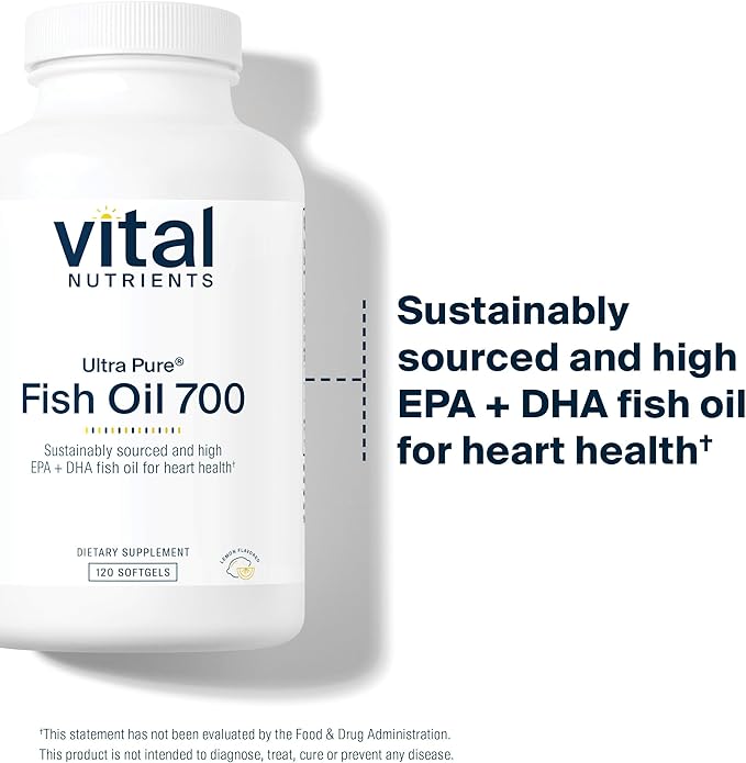 Vital Nutrients Ultra Pure® Fish Oil 700 | Supports Heart, Brain, and Joint Health* | Sustainably Sourced High EPA & DHA Omega-3 Fatty Acid | Lemon Flavor | Gluten, Dairy & Soy Free | 120 Softgels
