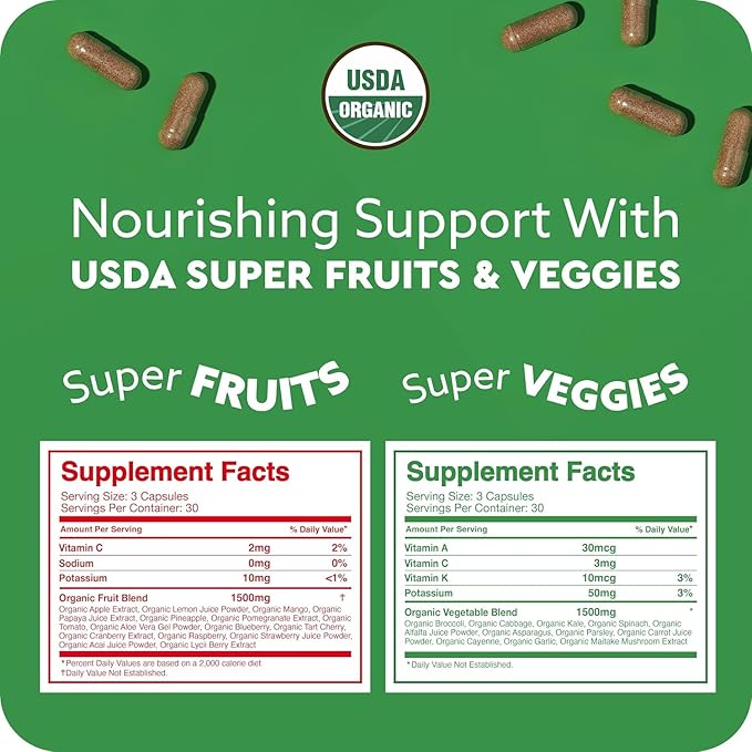 Feel Great USDA Organic Fruit and Vegetable Supplements | 20+ Super Reds & Greens for Natural Energy Support | Vegan Fruit and Veggie Vitamins | 2 Pack of 90 Count