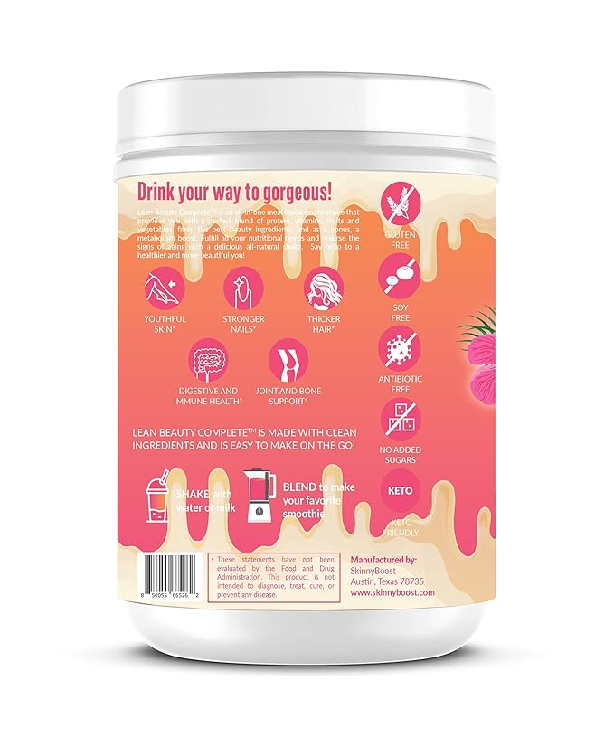 Lean Beauty Shake Protein Powder-Vanilla- Grass Fed Whey Protein, Hydrolyzed Collagen, Beauty Ingredients, Vitamins, Fiber, No Sugars, All Natural, 20 Servings, Made in USA