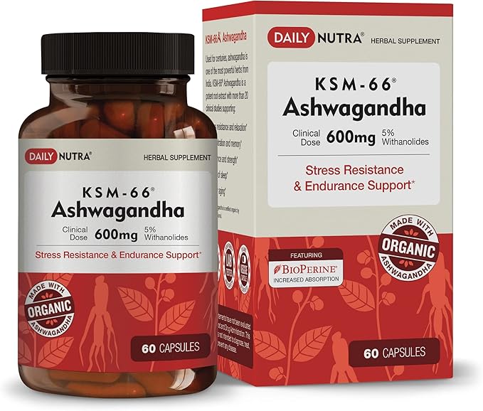 KSM-66 Ashwagandha 600mg Organic Root Extract - High Potency Supplement with 5% Withanolides | Relieves Tiredness, Supports Relaxation, Focus, Energy, & Muscle Growth (60 Capsules)