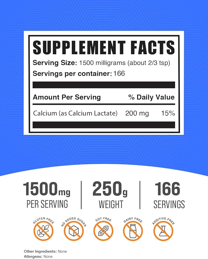 BulkSupplements.com Calcium Lactate Powder - Calcium Supplement, Calcium Lactate Food Grade - Calcium Lactate Supplement, 1500mg per Serving (200mg Calcium), 250g (8.8 oz) (Pack of 1)