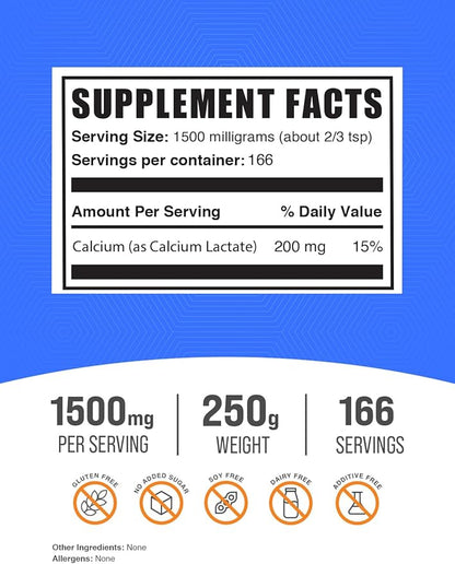 BulkSupplements.com Calcium Lactate Powder - Calcium Supplement, Calcium Lactate Food Grade - Calcium Lactate Supplement, 1500mg per Serving (200mg Calcium), 250g (8.8 oz) (Pack of 1)