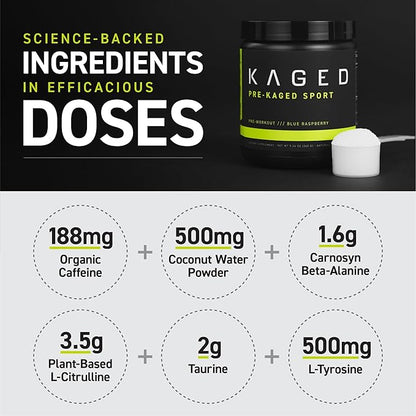 Kaged Pre-Kaged Sport Pre Workout Powder | Glacier Grape | Energy Supplement for Endurance | Cardio, Weightlifting Sports Drink | 20 Servings