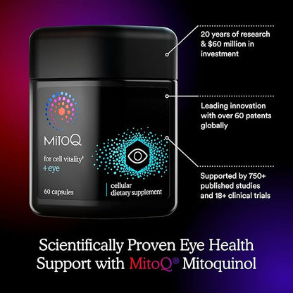 MitoQ +Eye Advanced CoQ10 Antioxidant - Contains Mitoquinol Mesylate, Lutein, Zeaxanthin, Bilberry, Maritime Pine Bark - Supports Eye Health, Blue Light Filtration & Cell Vitality (60 Capsules)