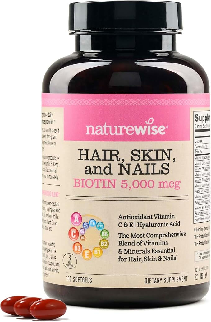NatureWise Hair Skin and Nails Vitamin, Biotin 5000mcg w/Hyaluronic Acid, Collagen for Women with C, B Complex, D3, A, E, Iron - Non-GMO, Gluten Free - 150 Softgels[50-Day Supply]