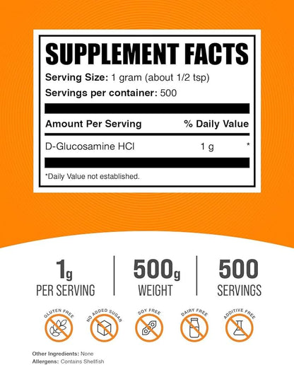 BulkSupplements.com Glucosamine HCl Powder - Glucosamine 1000mg, Glucosamine Supplement, Glucosamine Powder - Gluten Free, 1000mg per Serving, 500g (1.1 lbs) (Pack of 1)