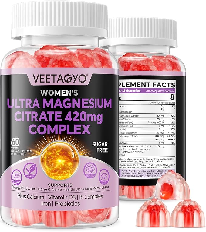 Magnesium Citrate Gummies 420mg for Adult - Dual Layer - w/ 10 Billion CFU - 5 Strains Probiotics & Calcium,D3,Biotin,Iron,B6,B12,Folate,Supports for Bone,Nerve,Relaxation,Muscle - Vegan 60 Cts