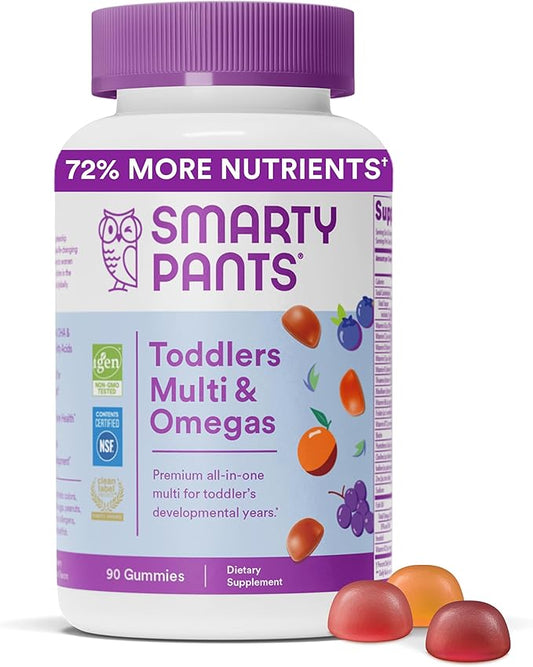 SmartyPants Toddler Multivitamin Gummies: Omega 3 Fish Oil (EPA/DHA), Vitamin D3, C, Vitamin B12, B6, Vitamin A, K & Zinc, Beta Carotene, Gluten Free, Three Fruit Flavors, 90 Count (30 Day Supply)