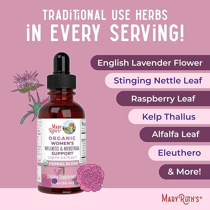 MaryRuth Organics USDA Organic Women's Wellness Liquid Herbal Supplements | Includes Stinging Nettle, Raspberry Leaf, Eleuthero Root, Chaste Tree Berry | Menstrual Support | Non-GMO, Vegan