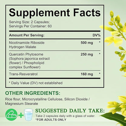 NAD+ Supplement 910mg - Liposomal Nicotinamide Riboside, Resveratrol, Quercetin, NAD Supplement Vitamin D3, Vitamin C - Cellular Energy, Repair and Aging for Men and Women, 120 Capsules