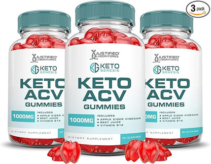 (3 Pack) Keto Genesis Keto ACV Gummies Advanced Formula 1000MG Keto Genesis Keto Gummies Apple Cider Vinegar Formulated with Pomegranate Beet Juice Powder B12 Vegan Non GMO 180 Gummys