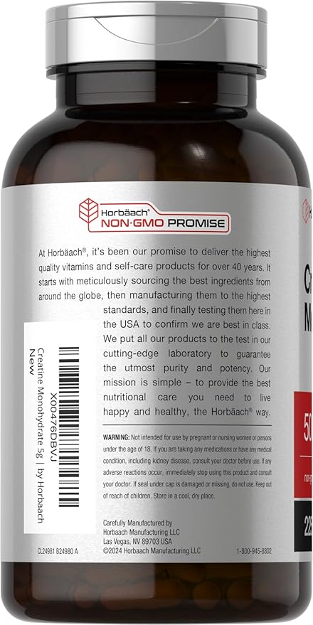 Horbäach Creatine Monohydrate | 5g | 225 Capsules | Non-GMO, Gluten Free Supplement