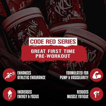 5% Nutrition Code Red Series Pre Workout Powder for Men & Women | Energy, Power, Protein Synthesis & Focus | 300mg Caffeine, L-Citrulline, Glycerol, Taurine, Alpha GPC, Huperzine (Italian Lemon Ice)