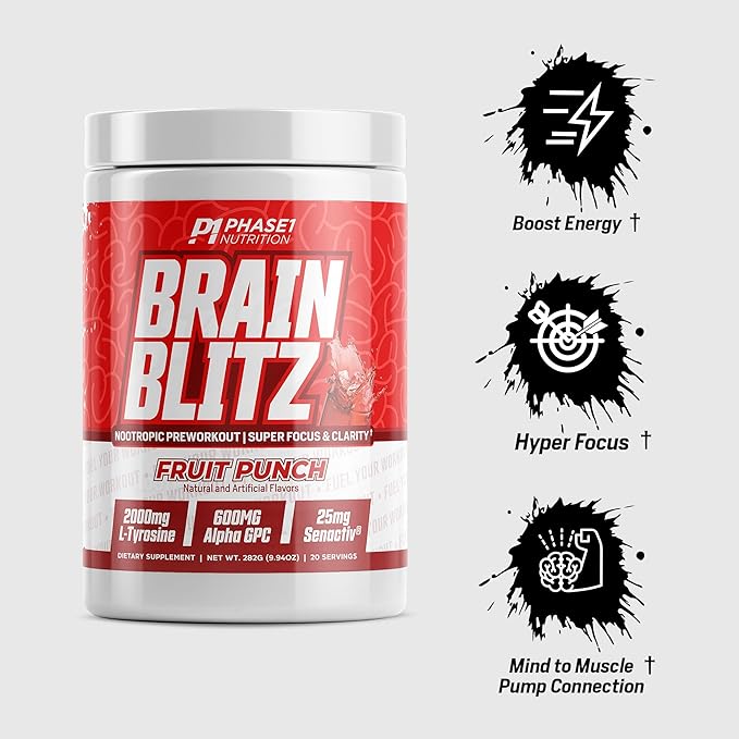 Phase 1 Nutrition Brain Blitz, Fruit Punch - Nootropic Preworkout with Beta Alanine, L-Citrulline & 350 mg Caffeine