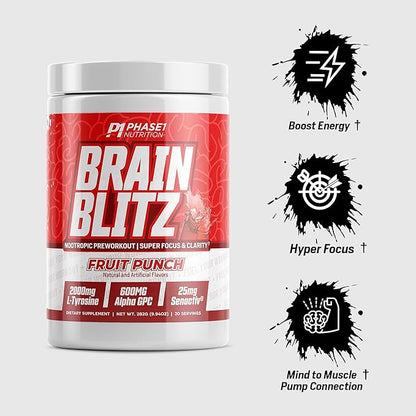 Phase 1 Nutrition Brain Blitz, Fruit Punch - Nootropic Preworkout with Beta Alanine, L-Citrulline & 350 mg Caffeine
