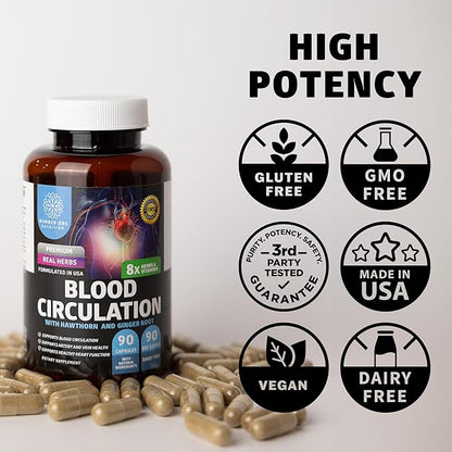 Number One Nutrition Premium Blood Circulation Supplement for Women and Men [8 Powerful Herbs & Vitamins] All Natural Blood Flow Supplement with Hawthorn, Butchers Broom and Cayenne Pepper, 90 Caps