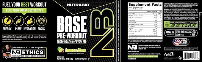 NutraBio Base Pre-Workout Sports Nutrition Powder - Sustained Energy, Mental Focus, Endurance, Hydration - Preworkout for Men and Women - Increase Energy- 30 Servings - Lemon Lime