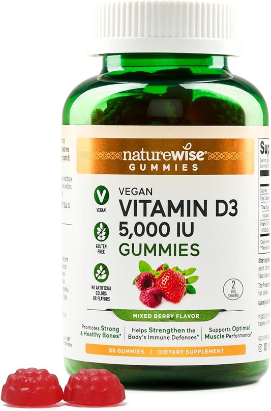 NatureWise Vitamin D3 5000 IU Gummies - Mixed Berry Flavor - Vegan D from Lichen, Pectin Based, Immune Support for Adults, Muscle & Bone Strength - Gluten Free, Non-GMO - 60 Count[1-Month Supply]