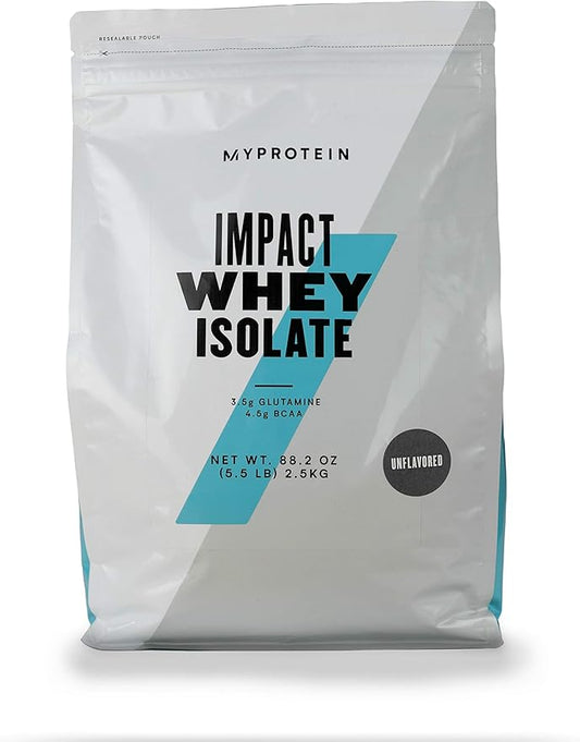 Myprotein Impact Whey Protein Isolate, 5.5 Lbs (81 Servings) Unflavored, 25g Protein, 3.5g Glutamine & 6g BCAA Per Serving