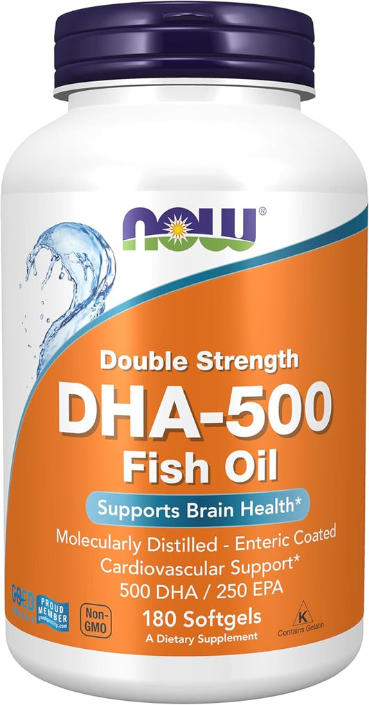 NOW Foods Supplements, DHA-500 with 250 EPA, Molecularly Distilled, Supports Brain Health*, 180 Softgels