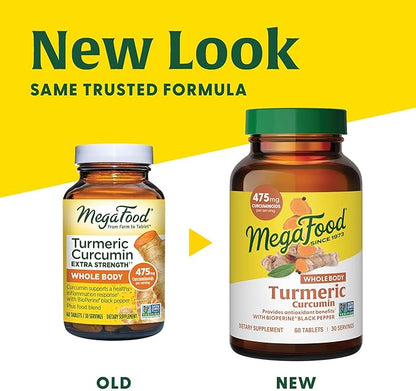 MegaFood Turmeric Curcumin Extra Strength - Whole Body - Turmeric Curcumin with Black Pepper- 475mg Curcuminoids - Holy Basil, Tart Cherry - Made Without 9 Food Allergens - 60 Tabs (30 Servings)