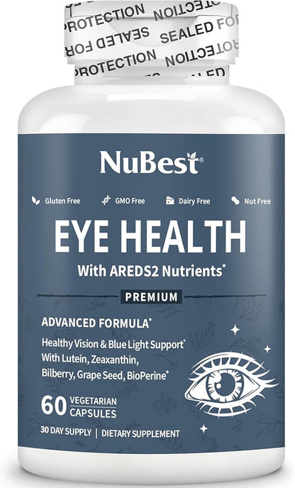 NuBest AREDS 2 Eye Vitamins Eye Health with Beta Carotene Carrot Powder, 20mg Lutein, 4mg Zeaxanthin, Bilberry, Grape Seed, BioPerine, B-Complex, Multivitamin for Eye Health - 60 Vegan Capsules