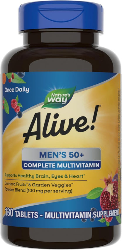 Nature’s Way Alive! Men’s 50+ Complete Multivitamin, Supports Multiple Body Systems*, Supports Cellular Energy*, High Potency B-Vitamins, Gluten-Free, 130 Tablets