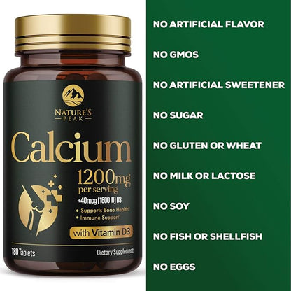 Calcium 1200 mg with Vitamin D3, Calcium Supplement Vitamins, Bone, Teeth & Immune Health Support, Calcium Supplements with D for Women & Men, Nature's Absorbable Calcium Carbonate - 180 Tablets