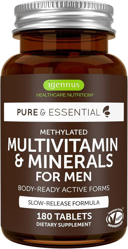 Methylated Men's Multivitamin, MTHFR Supplement with Active B-Vitamins, High Strength 2 a Day Multivitamin for Sustained Release, Added Lycopene, Clean Label, Non-GMO & Vegan 180 Tablets, by Igennus