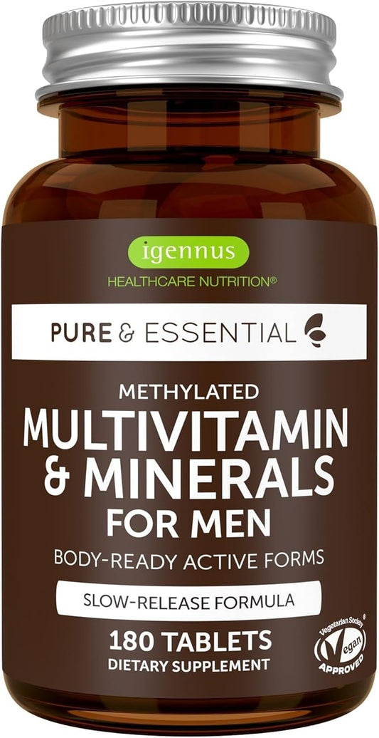 Methylated Men's Multivitamin, MTHFR Supplement with Active B-Vitamins, High Strength 2 a Day Multivitamin for Sustained Release, Added Lycopene, Clean Label, Non-GMO & Vegan 180 Tablets, by Igennus