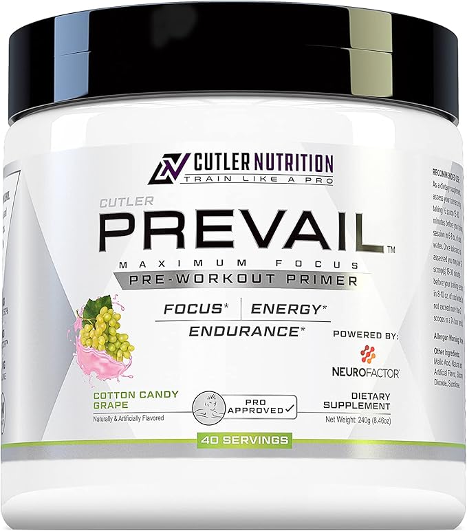 Prevail Pre Workout Powder with Nootropics: Pre Workout for Men and Women, Cutting Edge Energy and Focus Supplement with L Citrulline, Alpha GPC, L Tyrosine | Cotton Candy Grape, 40 Scoops