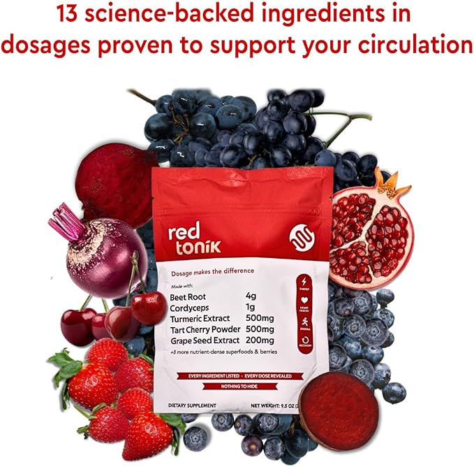 Red Tonik Superfood Powder |Beet Root |Mushroom |Turmeric |Daily Supplement with 13 Superfoods |Vitamins and Minerals |Boost Energy, Stamina |Post-Workout Recovery |Berry Flavor