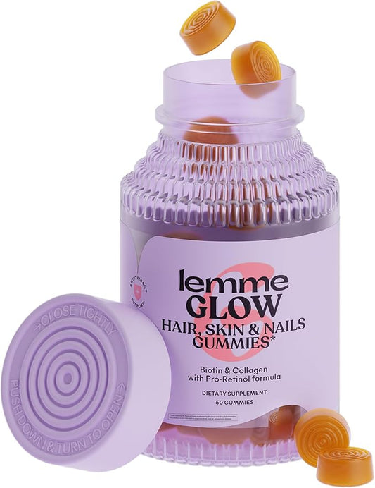 Lemme Glow Collagen Gummies for Thick Hair, Strong Nails & Healthy Skin with Multi-Collagen Peptides, Biotin, Trace Minerals, Zinc, Vitamins A, C & E, Dairy & Gluten Free, Peach Flavor, 60 ct.