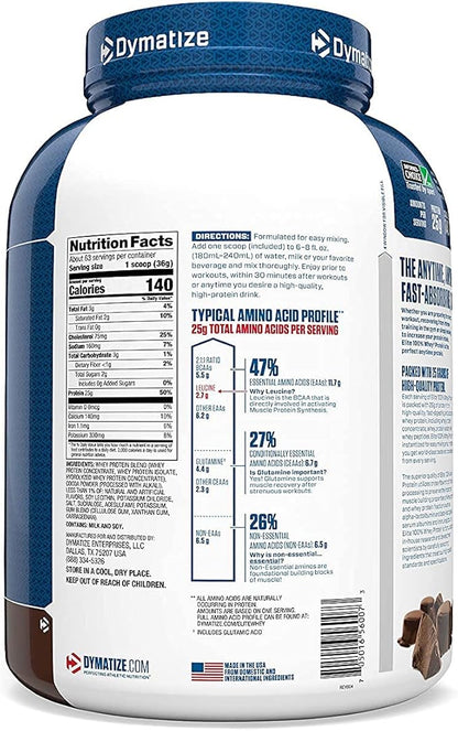 Dymatize Elite 100% Whey Protein Powder, 25g Protein, 5.5g BCAAs & 2.7 L-Leucine, Quick Absorbing & Fast Digesting for Optimal Muscle Recovery, Rich Chocolate, 5 Pound, 63 Servings