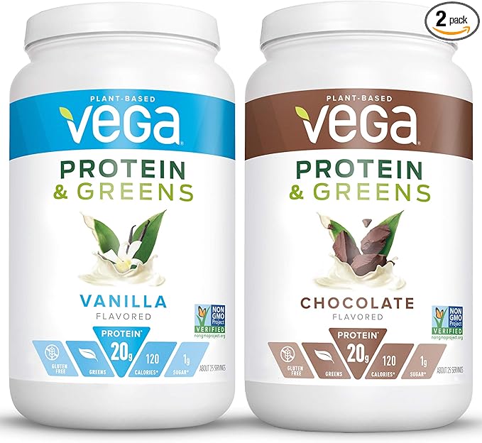 Vega Protein & Greens Bundle, Chocolate + Vanilla (25 Servings Each) - Plant Based Protein Powder, Keto-Friendly, Gluten Free, Non Dairy, Vegan, Non Soy, Non GMO, Lactose Free