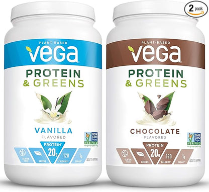 Vega Protein & Greens Bundle, Chocolate + Vanilla (25 Servings Each) - Plant Based Protein Powder, Keto-Friendly, Gluten Free, Non Dairy, Vegan, Non Soy, Non GMO, Lactose Free