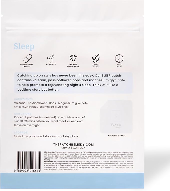 The Patch Remedy Original Sleep Patches - 30 Topical Sleep Support Patches with Valerian Root Extract, Passionflower, Hops, Magnesium Glycinate Transdermal Skin Stickers