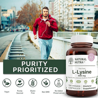 Natural Nutra L Lysine HCl, Promotes Bone Health and Growth, Improve Calcium Absorption, Support Faster Workout, Improve Vitamin C Absorption, Non-GMO, Vegan, 500 mg, 100 Capsules.