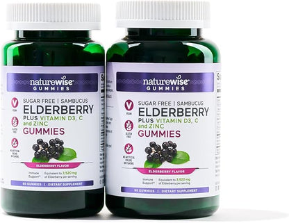 NatureWise Sambucus Elderberry Gummies - Sugar-Free - Daily Immune Support Supplement for Kids and Adults*, with Vitamin C, D3, Zinc - Vegan, Gluten Free, Non-GMO - 60 Count[1-Month Supply]