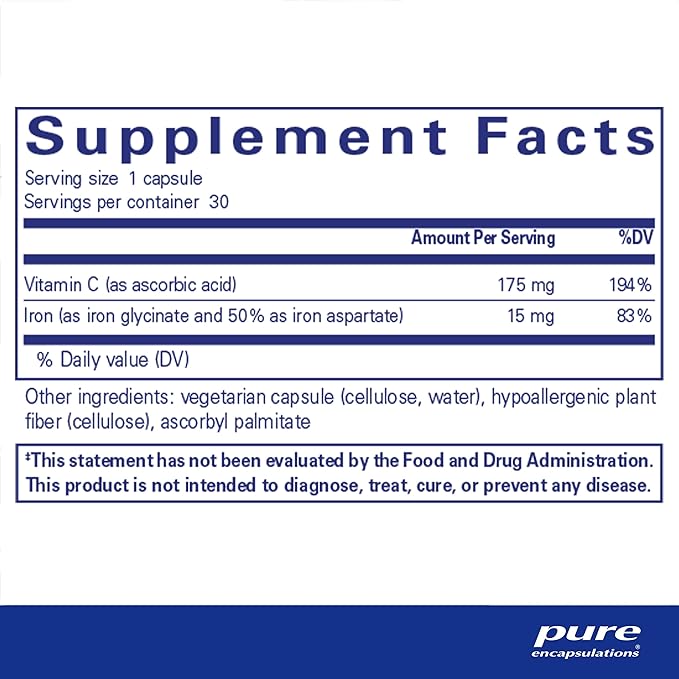 Pure Encapsulations Iron-C | Iron and Vitamin C Supplement to Support Muscle Function, Red Blood Cell Function, and Energy* | 30 Capsules