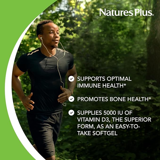 Natures Plus Vitamin D3 (Cholecalciferol) - 5000 iu, 60 Softgels - Bone Health, Heart Health & Immune System Support Supplement, Bioavailable Active Form - Gluten-Free - 60 Servings