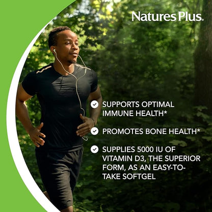 Natures Plus Vitamin D3 (Cholecalciferol) - 5000 iu, 60 Softgels - Bone Health, Heart Health & Immune System Support Supplement, Bioavailable Active Form - Gluten-Free - 60 Servings
